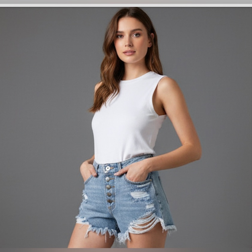 Ripped Raw Hem Button Fly Denim Shorts
